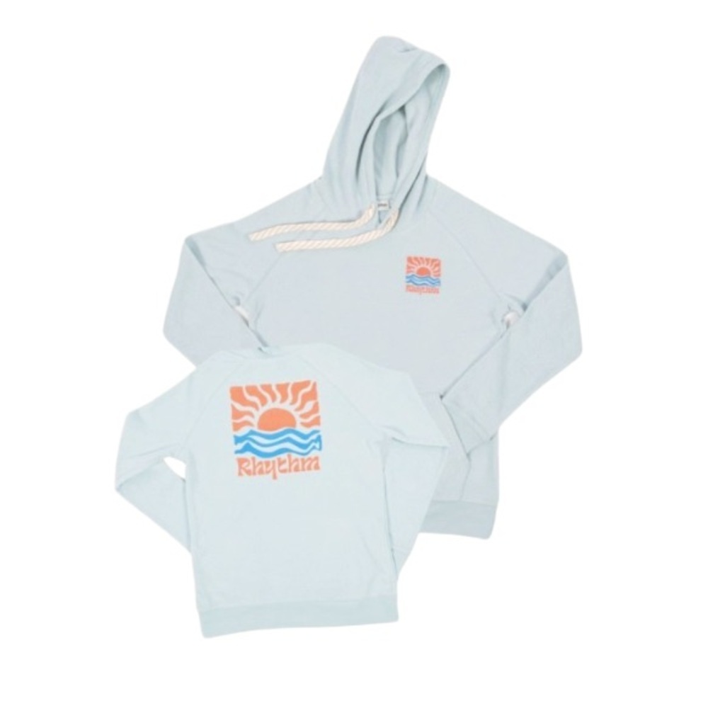 Women’s Sky Blue Hoodie w/Orange and Blue Sun + Ocean Graphic x Rhythm (Size M)